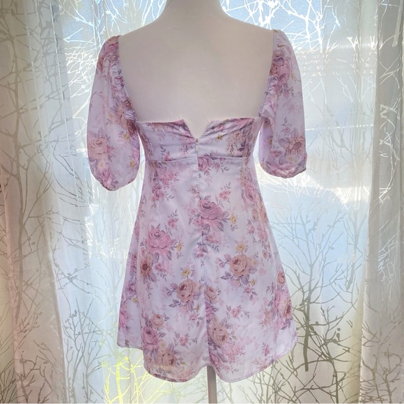 SOFIA THE LABEL white pink floral print GG tie front puffy sleeve mini dress - Picture 7 of 12